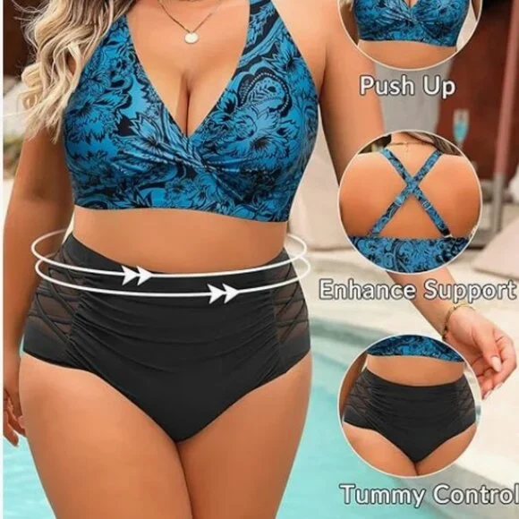 Yonique Plus Size Bikini 18W Blue Floral Halter High Waist Tummy Control NWT - Picture 3 of 15